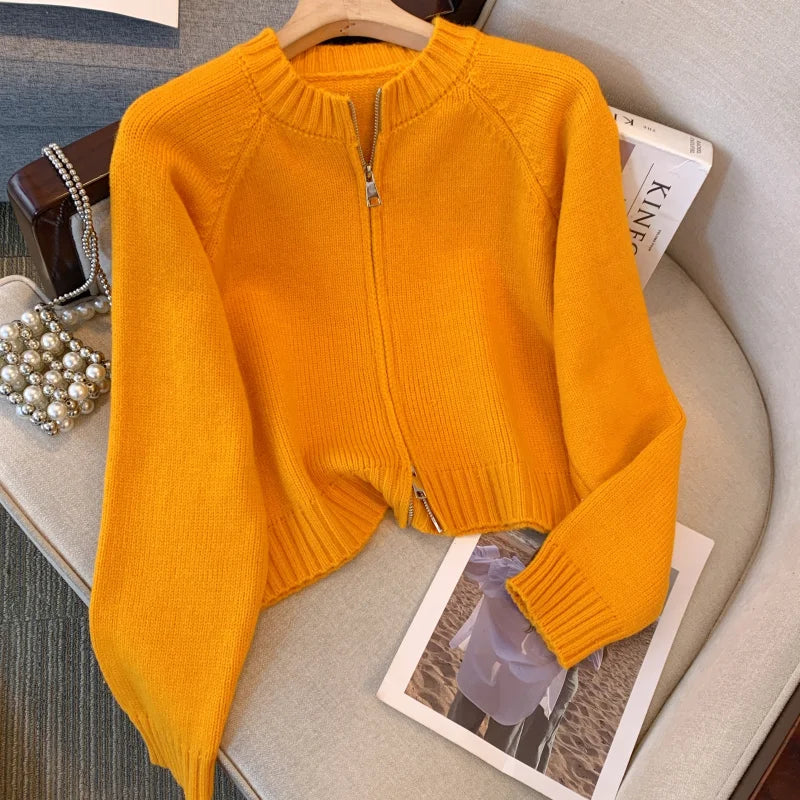 Cozy Zip-up Mustard Yellow Knit Cardigan Sweater on Luulla