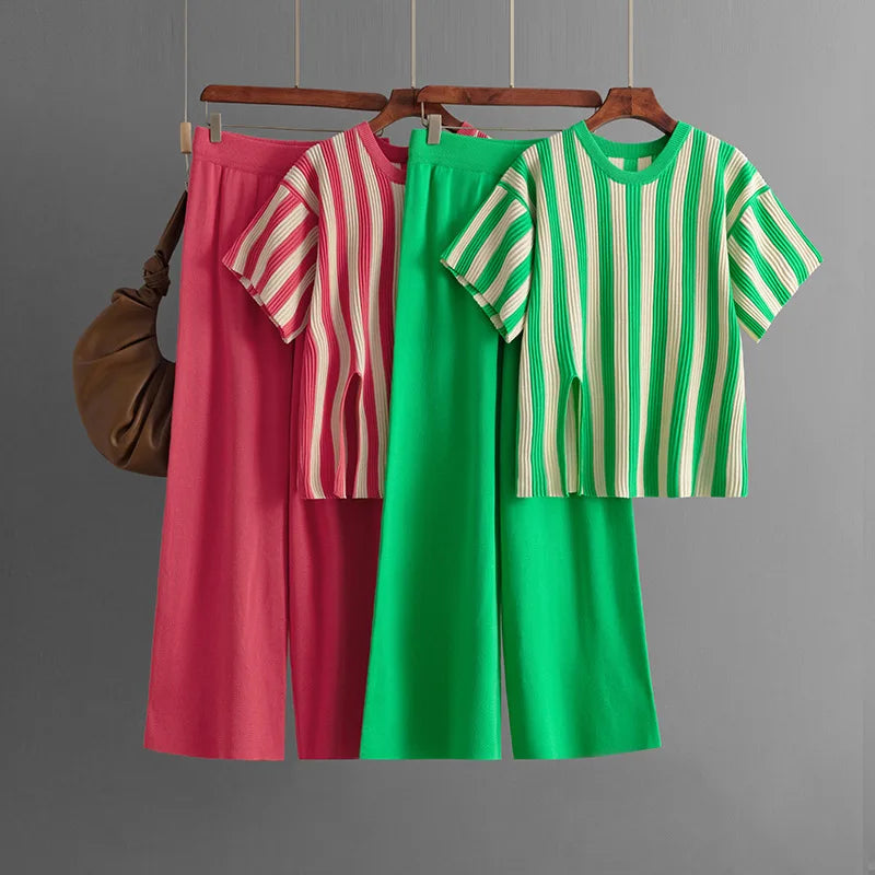 Stripe Spring Puff Sleeve Shirt Matching Shorts Set