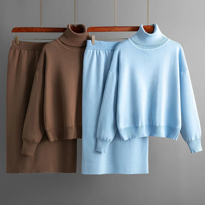 Lapel Single-Breasted Sweater Mesh Knitted Skirt Set