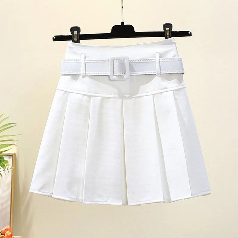 Pleated Mini A-Line Denim Skirt With Belt main image 1