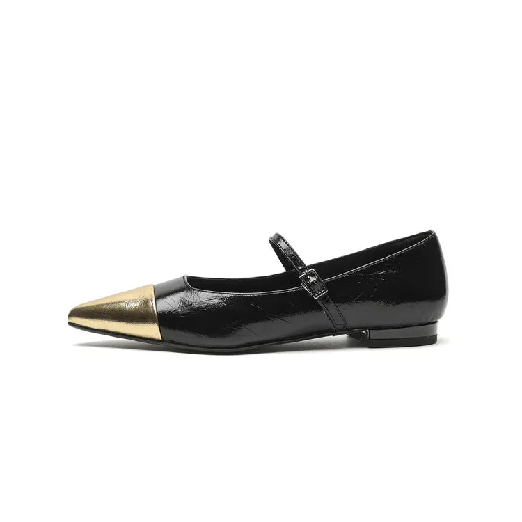 Leather Flats with Golden Toe Cap