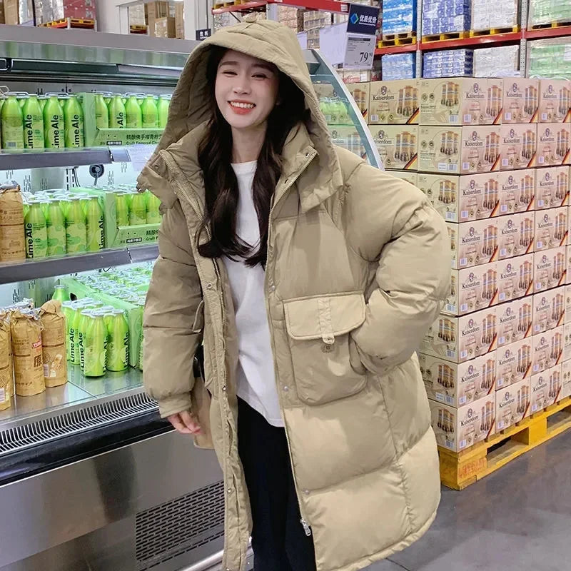 Hooded Long Puffer Jacket With Oversized Pockets on Luulla