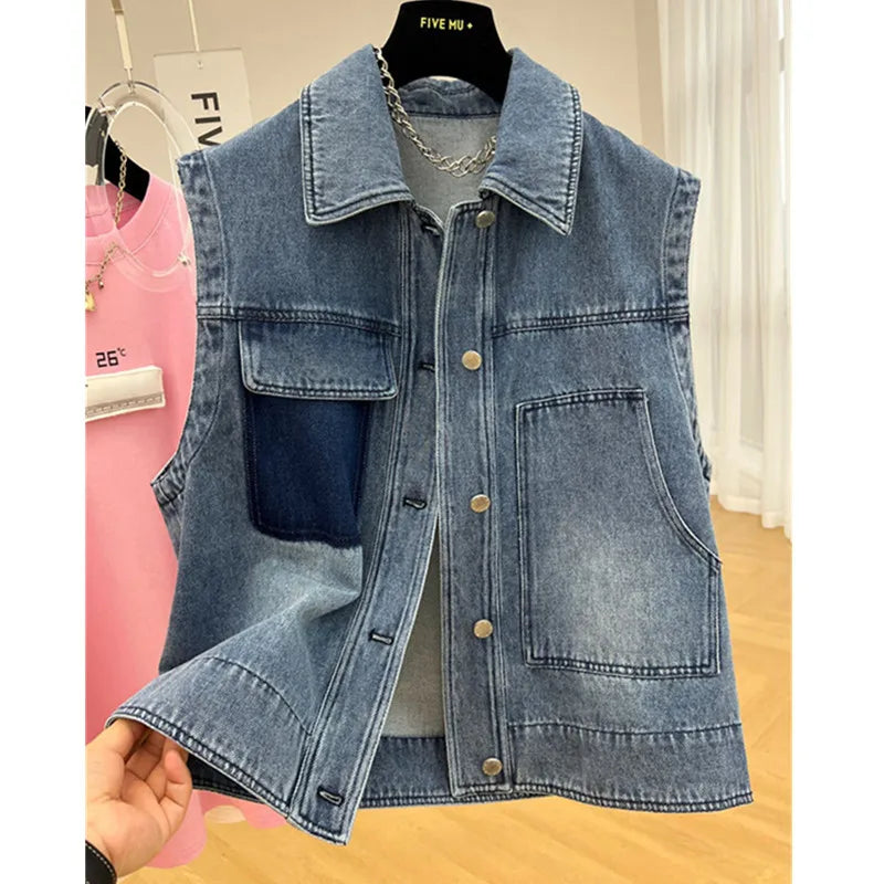 Sleeveless V-Neck Denim Vest In Solid Color