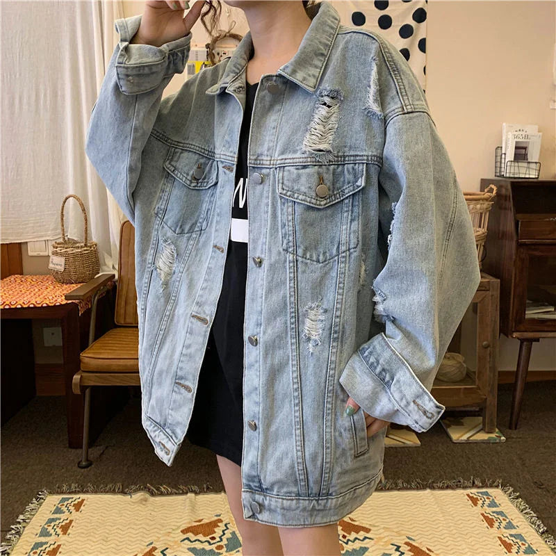 Womens Distressed Oversized Denim Jacket Casual Wear on Luulla