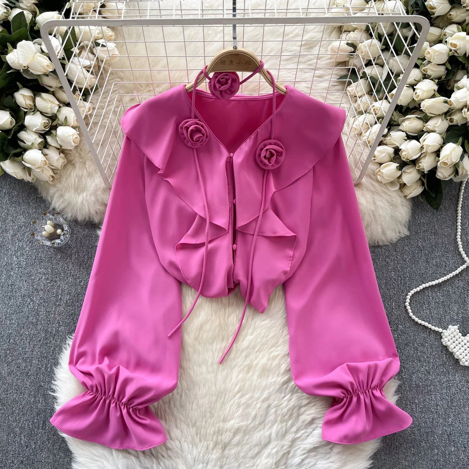Vibrant Pink Floral Ruffled Long Sleeve on Luulla
