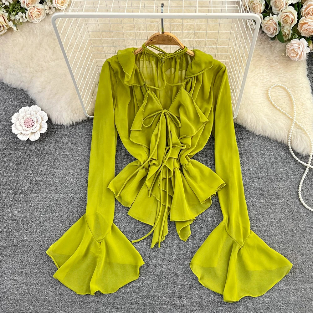 Cotton Ruffle Blouse For Women Loose Fit Green Top With Original Design And Versatile Everyday Wear main image 1